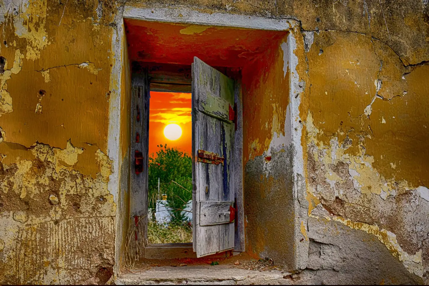 Porta antiga aberta para um pôr do sol sobre os campos